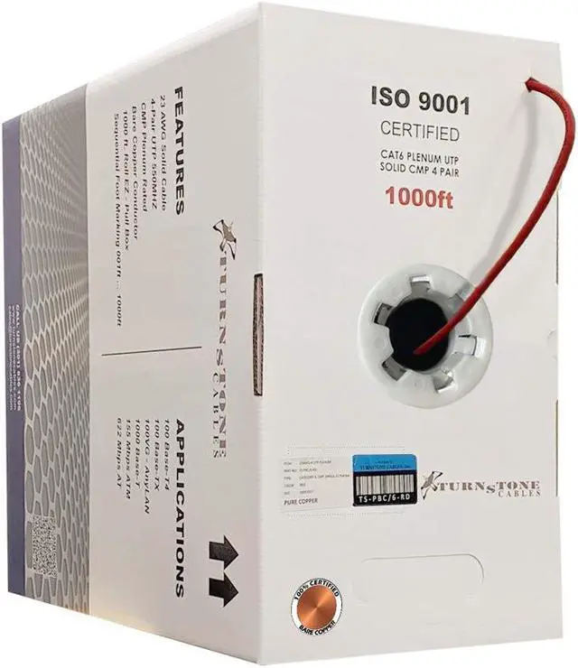 Main image of TSCables | Cat6 Plenum (CMP) 1000ft Cable, 23AWG | 100% Solid Bare Copper | 550MHz, PoE++ (4PPoE) | Unshielded Twisted Pair (UTP) Bulk Ethernet Cable, Available in 10 Colors (Red, 1000ft)
