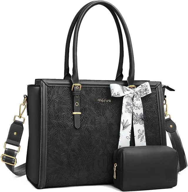 Main image of MOSISO Laptop Bag for Women, 15.6-16 inch PU Leather Tote Bag Compatible with MacBook, HP, Dell, Asus Notebook, Front Embossed Retro Hibiscus Computer Bags with Silk Scarf&Clutch Purse, Black