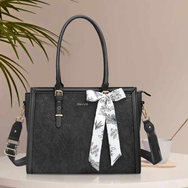 Alt view image 5 of 5 - MOSISO Laptop Bag for Women, 15.6-16 inch PU Leather Tote Bag Compatible with MacBook, HP, Dell, Asus Notebook, Front Embossed Retro Hibiscus Computer Bags with Silk Scarf&Clutch Purse, Black
