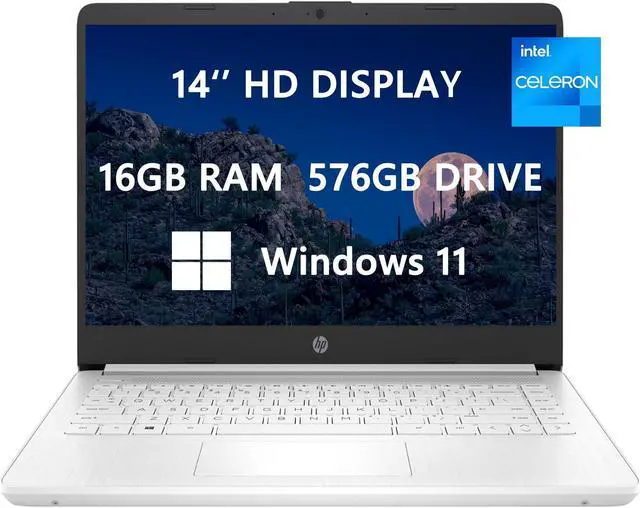Main image of HP 14 HD Laptop, 2023 Newest Upgrade, Intel Intel Celeron N4120(4-core), 16GB RAM, 576GB(64GB SSD+512GB Card), Webcam, Bluetooth, USB-C, White, Windows 11, School and Business Ready, ROKC HDMI Cable
