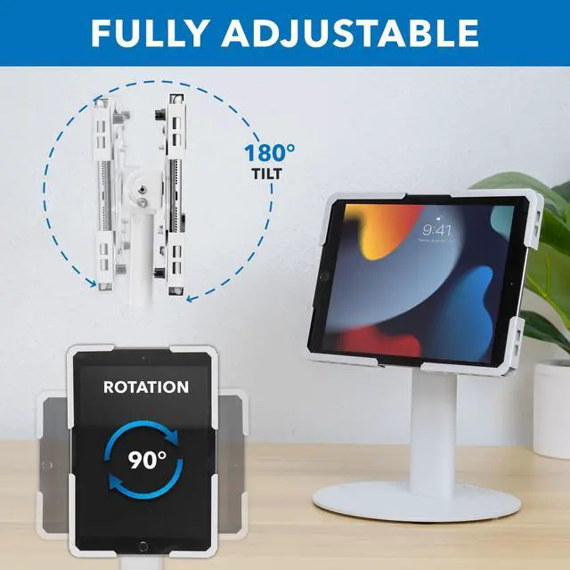Alt view image 4 of 5 - Mount-It! Universal Tablet Stand with Tilt, Anti-Theft Retail iPad POS Kiosk Stand, Fits Tablets from 9.7" to 13" Screen Size, 90° Rotation for Portrait and Horizontal Viewing, Durable Steel, White