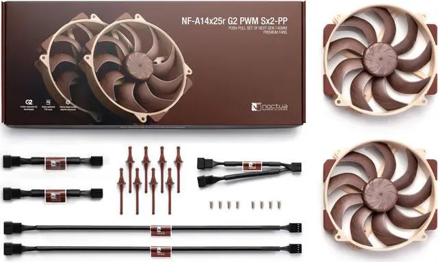 Alt view image 4 of 5 - Noctua NF-A14x25r G2 PWM Sx2-PP, Push-Pull Set of Two Premium-Quality Quiet 140mm PC Fans (Brown)