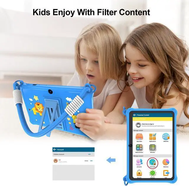 Alt view image 4 of 5 - PRITOM 7 inch Kids Tablet with Lanyard, 32GB Toddler Tablet Android 13 with WiFi, Dual Camera, Education, Games, Kids Software Pre-Installed, Parental Control, Blue