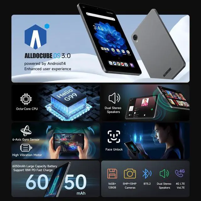 Alt view image 2 of 5 - ALLDOCUBE Android 14 Tablet, 8.4 inch Helio G99 iPlay60 Mini Pro Tablet, 16GB RAM 128GB ROM 512GB Expandable, FHD 1920x1200 Display, Widevine L1, 6050mAh, 5MP/13MP Camera, 4G LTE Bluetooth 5.2