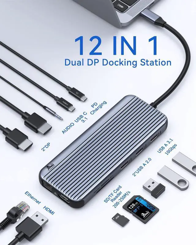 Alt view image 2 of 5 - USB C to Dual DisplayPort 4K Docking Station Adapter, 12-in-1 LIONWEI 10Gbps USB C Hub Dock with 2 DP, HDMI, USB 3.1, Ethernet Port, Audio, SD/TF 4.0 Slot for Thunderbolt Laptop