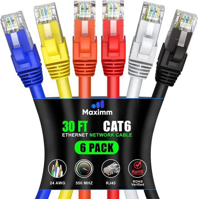 Main image of Maximm Cat 6 Ethernet Cable 30 ft (6-Pack) - High-Speed LAN Cable, Internet Cable, Patch Cable, and Network Cable - UTP, 10Gbps, 550MHz Ethernet Cord - Multicolor