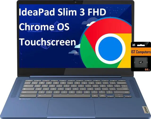 Main image of Lenovo IdeaPad Slim 3 14" Chromebook Laptop (14" FHD Touchscreen, 8-Core MediaTek Kompanio 520, 4GB RAM, 128GB(64GB eMMC+64GB SD)), Webcam, 13.5-Hrs Long-Battery Life, IST Card, Chrome OS, Abyss Blue