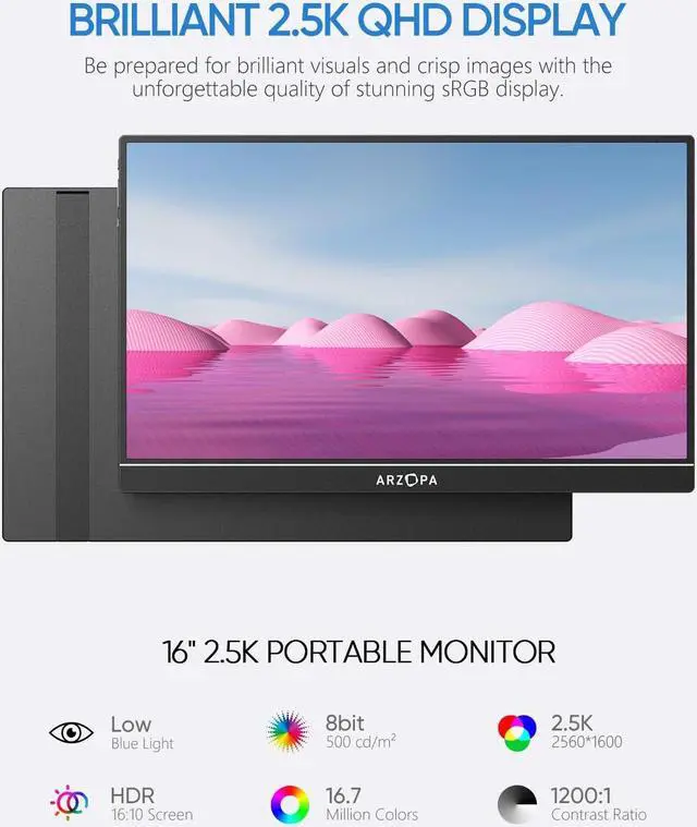 Alt view image 4 of 5 - ARZOPA 16" 2.5K Portable Monitor, 2560x1600 QHD 123% sRGB IPS Display and 16.1 Portable Monitor Sleeve Case Bundle