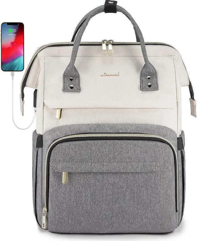 Main image of LOVEVOOK Laptop Backpack for Women, Fashion Computer Backpacks Purse, School Student Bookbag for Girl, Business Travel Bags, Doctor Nurse Backpack for Work, Fits 15.6-Inch Laptop, Beige Grey