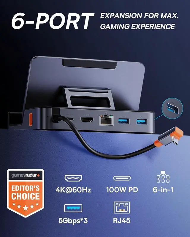 Alt view image 2 of 5 - Steam Deck Dock, Baseus 6-in-1 Docking Station for Steam Deck/ROG Ally X/Legion Go with HDMI 2.0 4K@60Hz, Gigabit Ethernet, Adjustable Stand Design, 100W PD and 3 USB-A 3.0 Ports