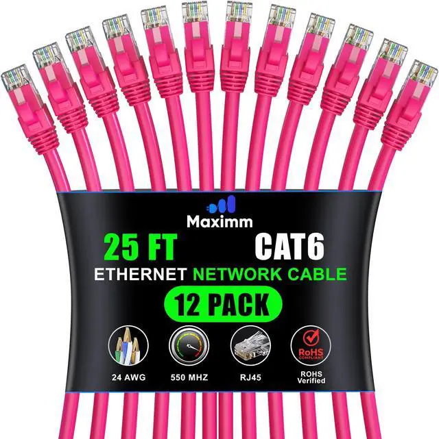 Main image of Maximm Cat 6 Ethernet Cable - 25 ft (12-Pack) - High-Speed LAN, Internet, Patch, and Network Cable - UTP, 10Gbps, 550MHz Ethernet Cord - Pink