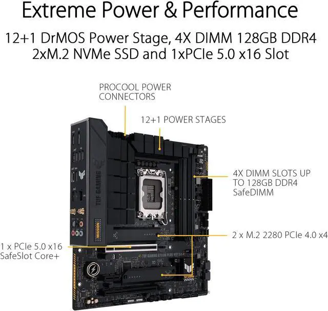 Alt view image 3 of 5 - ASUS TUF GAMING B760M-PLUS WIFI 6 D4 Intel(13th and 12th Gen)LGA 1700 mATX motherboard,PCIe 5.0,2xPCIe 4.0 M.2 slots,DDR4,2.5Gb LAN,USB 3.2 Gen 2x2 Type-C,front USB 3.2 Type-C,Thunderbolt (USB4(r))