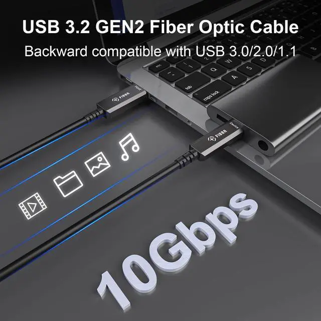 Alt view image 4 of 5 - FIBBR Fiber Optic USB 3.2 Cable 33ft - 10Gbps Ultra Speed USB A to USB C Cable, Ideal for Webcams, VR/AR Gear, Projectors & TVs