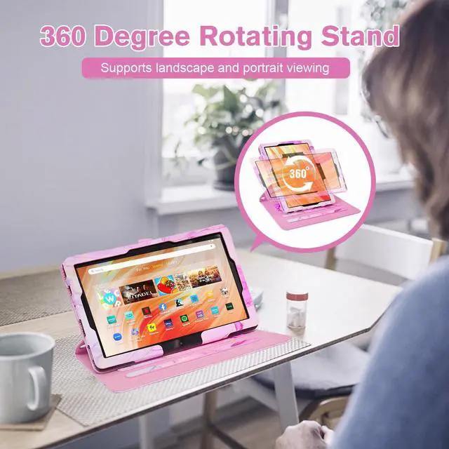 Alt view image 3 of 5 - OKP Case for All New Kindle Fire HD 10 Tablet & Fire HD 10 Plus (11th/13th Generation, 2021/2023 Release), 360 Degree Rotating Stand Leather Cover with Pencil Holder, Auto Wake Sleep, Marble Pink
