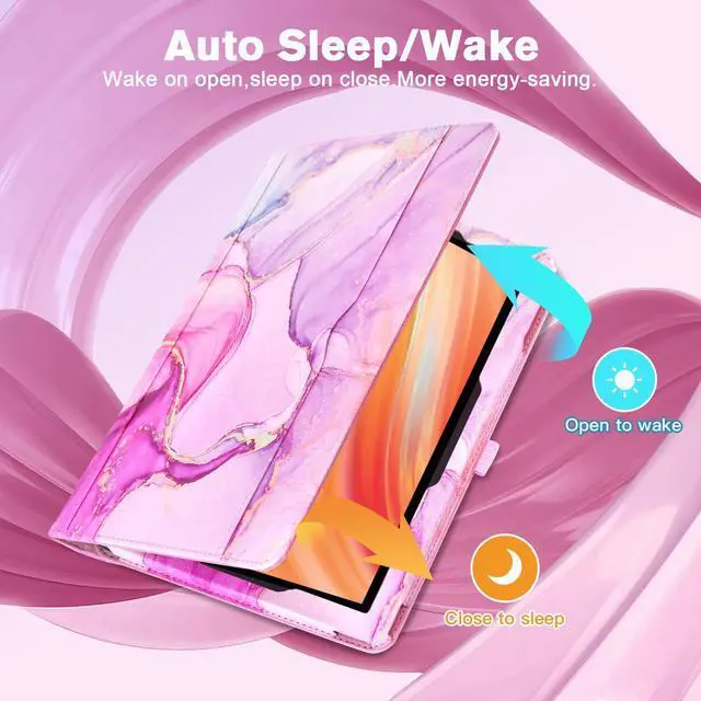 Alt view image 5 of 5 - OKP Case for All New Kindle Fire HD 10 Tablet & Fire HD 10 Plus (11th/13th Generation, 2021/2023 Release), 360 Degree Rotating Stand Leather Cover with Pencil Holder, Auto Wake Sleep, Marble Pink
