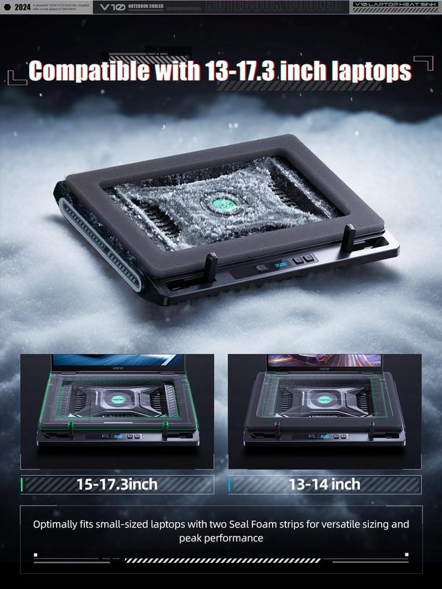 Alt view image 5 of 5 - llano Laptop Cooler, Gaming Laptop Cooling Pad with 3500RPM Turbofan, 4.72 Inch External Fan Laptop Stand, Adjustable Variable Speed, Button Control, Seal Foam for Rapid Laptop13-17.3in, V10, Black