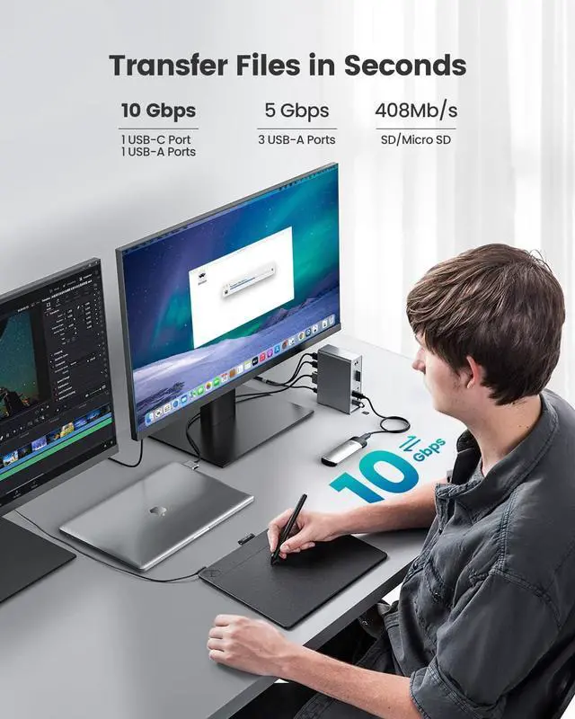Alt view image 4 of 5 - MacBook Pro Docking Station, 14-in-2 Dual USB C Docking Station Dual Monitor for MacBook Pro (Not M1) with Dual 4K HDMI 60Hz, 10Gbps USB A/C,3 USB 3.0,2USB 2.0 RJ45, Audio, SD/TF Slots, 100W PD