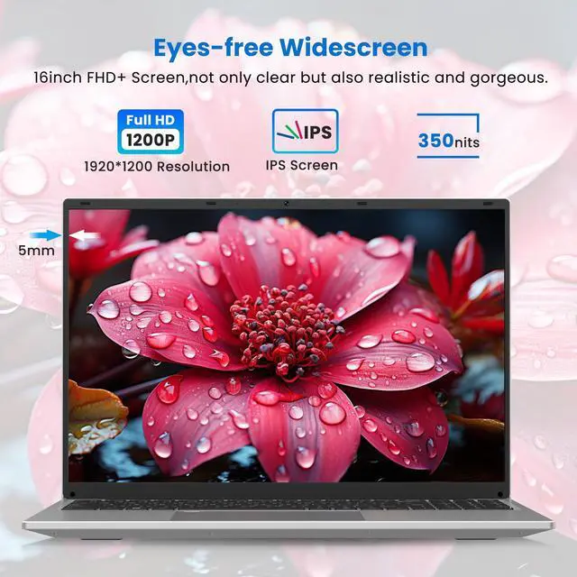 Alt view image 2 of 5 - BIGASUO 16" Laptop Computer, 16GB DDR4 RAM 1TB SSD, Quad-Core N100 Processor Up to 3.4GHz, 1200P FHD IPS Display, Windows 11 Laptops with USB 3.0, Type-C, Mini-HDMI, 2.4/5G WiFi, RJ45, Sliver
