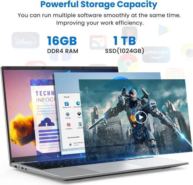 Alt view image 3 of 5 - BIGASUO 16" Laptop Computer, 16GB DDR4 RAM 1TB SSD, Quad-Core N100 Processor Up to 3.4GHz, 1200P FHD IPS Display, Windows 11 Laptops with USB 3.0, Type-C, Mini-HDMI, 2.4/5G WiFi, RJ45, Sliver
