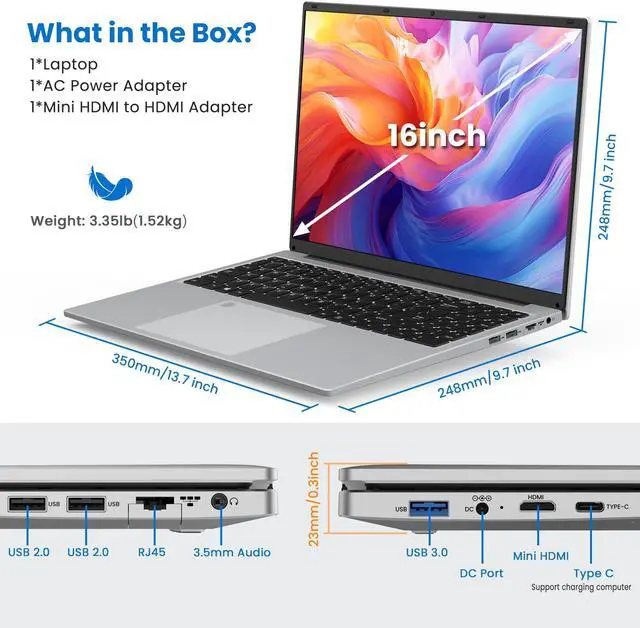 Alt view image 5 of 5 - BIGASUO 16" Laptop Computer, 16GB DDR4 RAM 1TB SSD, Quad-Core N100 Processor Up to 3.4GHz, 1200P FHD IPS Display, Windows 11 Laptops with USB 3.0, Type-C, Mini-HDMI, 2.4/5G WiFi, RJ45, Sliver