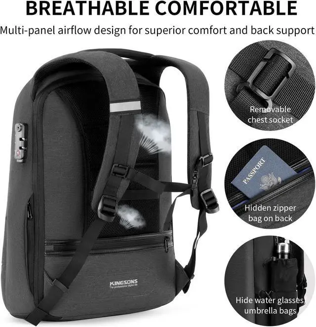 Alt view image 2 of 5 - Kingsons Laptop Backpack, Large Business Travel Computer Bag with USB Charging Port Anti-Theft Water Resistant for 17.3 Inch Laptop Rucksack for men
