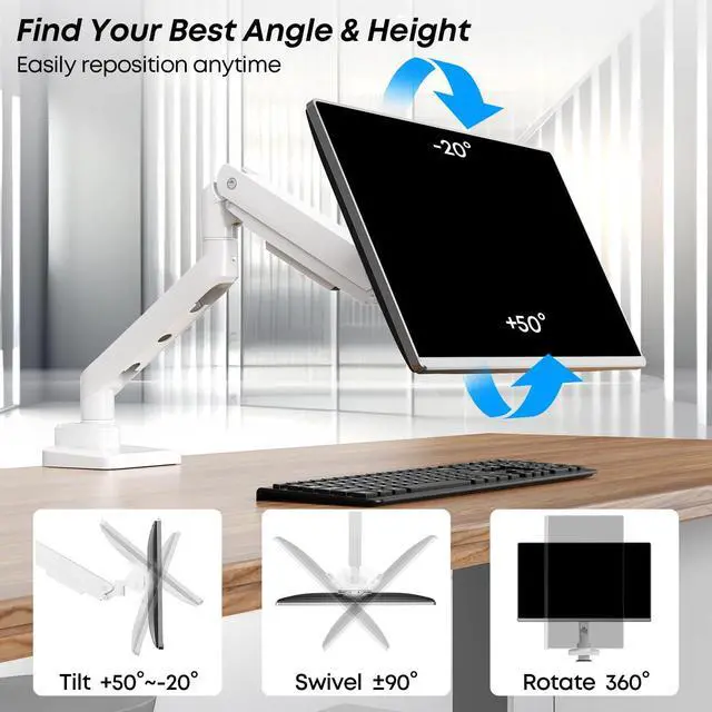 Alt view image 3 of 5 - Premium Heavy Duty Monitor Arm for 17 to 49 inch Screens up to 44lbs, Fully Adjustable Ultrawide Single Clamp-on Desk Mount Stand, VESA 75x75/100x100mm (White)