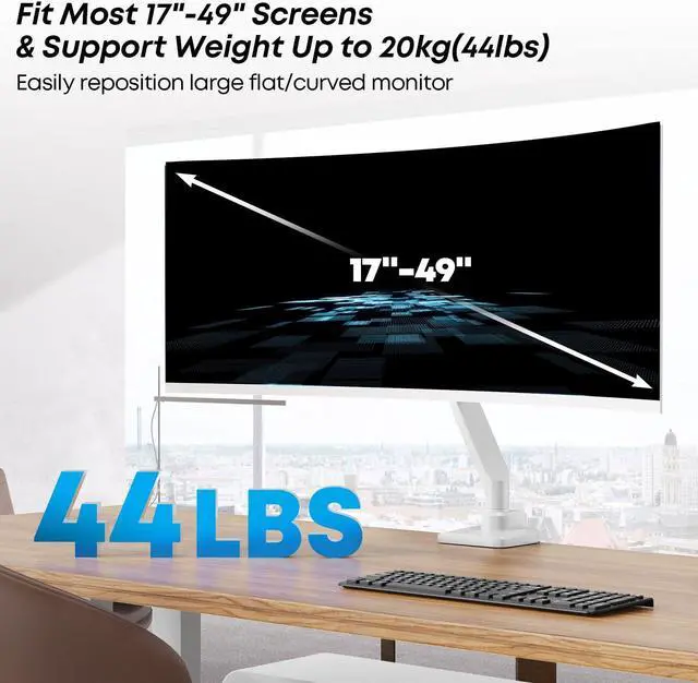 Alt view image 2 of 5 - Premium Heavy Duty Monitor Arm for 17 to 49 inch Screens up to 44lbs, Fully Adjustable Ultrawide Single Clamp-on Desk Mount Stand, VESA 75x75/100x100mm (White)