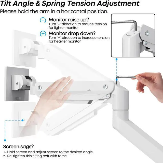 Alt view image 4 of 5 - Premium Heavy Duty Monitor Arm for 17 to 49 inch Screens up to 44lbs, Fully Adjustable Ultrawide Single Clamp-on Desk Mount Stand, VESA 75x75/100x100mm (White)