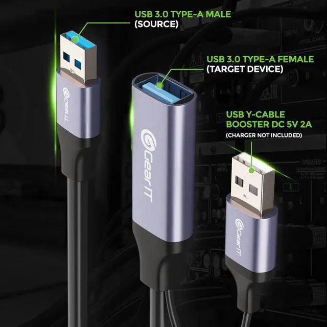 Alt view image 3 of 5 - GEARit USB 3.0 Active Extension Cable (65 Feet) A-Male to A-Female USB Repeater with Signal Booster for Oculus Rift, Quest Link, Xbox 360 Kinect, PlayStation, Printer, Webcam - 65ft