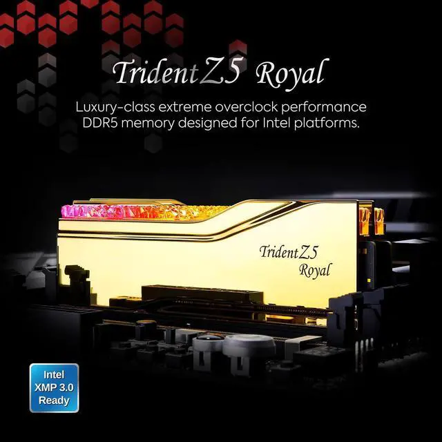 Alt view image 2 of 5 - G.SKILL Trident Z5 Royal Series (Intel XMP 3.0) DDR5 RAM 32GB (2x16GB) 7200MT/s CL34-45-45-115 1.40V Desktop Computer Memory UDIMM - Gold (F5-7200J3445G16GX2-TR5G)