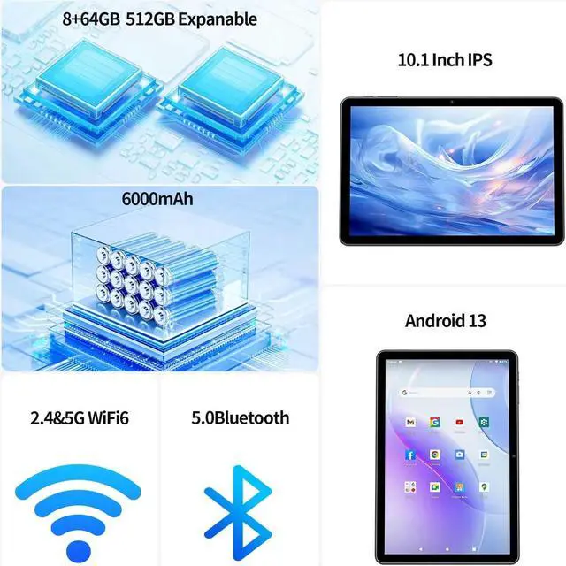 Alt view image 2 of 5 - PRITOM 2024 10.1 inch Android 13 Tablets, Octa-Core Processor, 8GB RAM 64GB ROM 512GB Expanable, 6000mAh Battery, HD IPS Touch Screen, 5G/2.4G WiFi6, Bluetooth 5.0, Split Screen, Widget Support(Gray)