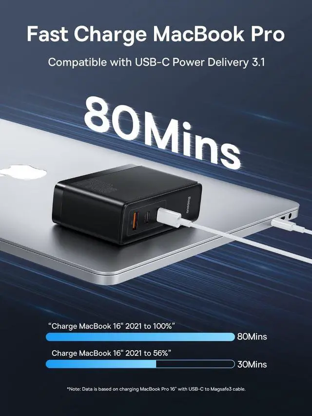 Alt view image 2 of 4 - Baseus 140W USB C Wall Charger PD 3.1 with 3.3ft USB C to C Cable, 3-Port GaN5 Charger for Laptops, iPad Pro, iPhone 15/Pro/14/13 Series, Galaxy S23/S22, MacBook Pro 16'', Steam Deck, Black