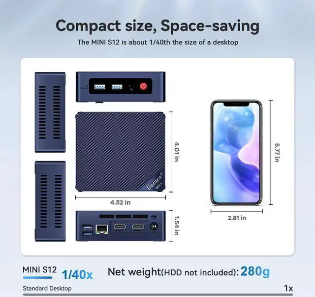 Alt view image 2 of 5 - Beelink Mini PC S12 New Intel 12th Gen Quad-Core N95, Mini Desktop Computers 8G DDR4 256G SSD Supports Dual HDMI 4K 2.4G+5G WiFi BT4.0 Family-NAS