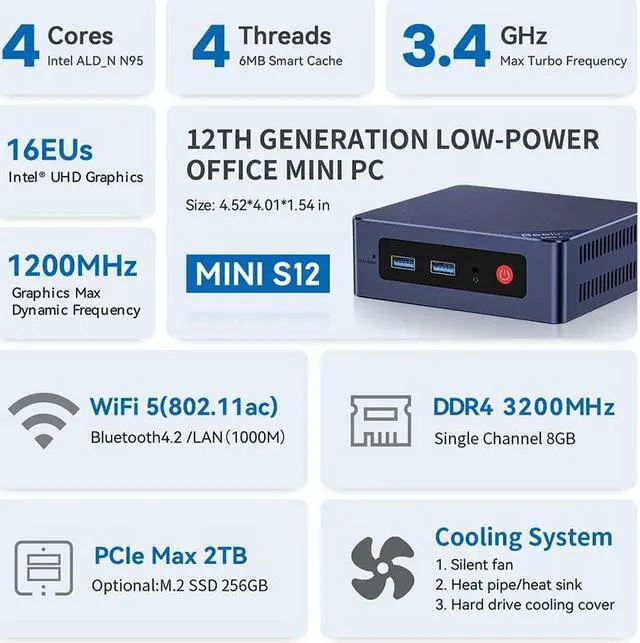 Alt view image 3 of 5 - Beelink Mini PC S12 New Intel 12th Gen Quad-Core N95, Mini Desktop Computers 8G DDR4 256G SSD Supports Dual HDMI 4K 2.4G+5G WiFi BT4.0 Family-NAS