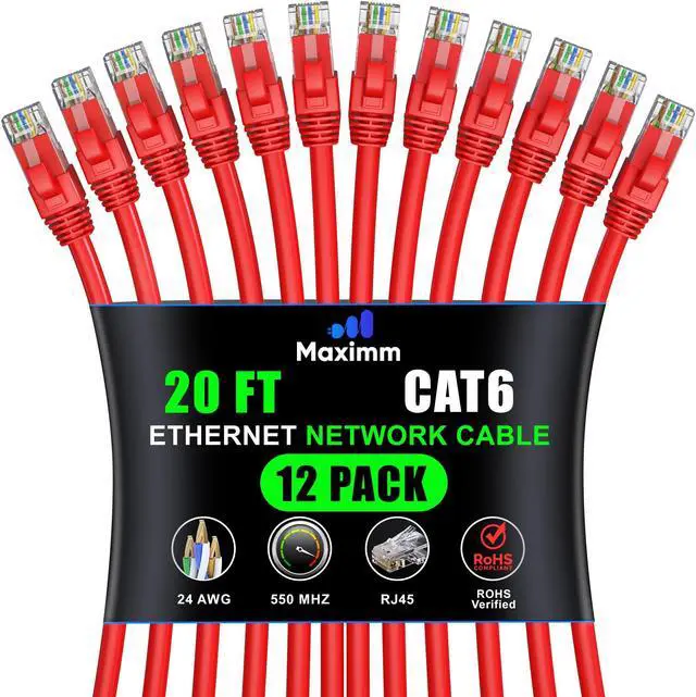 Main image of Maximm Cat 6 Ethernet Cable - 20 ft (12-Pack) - High-Speed LAN, Internet, Patch, and Network Cable - UTP, 10Gbps, 550MHz Ethernet Cord - Red