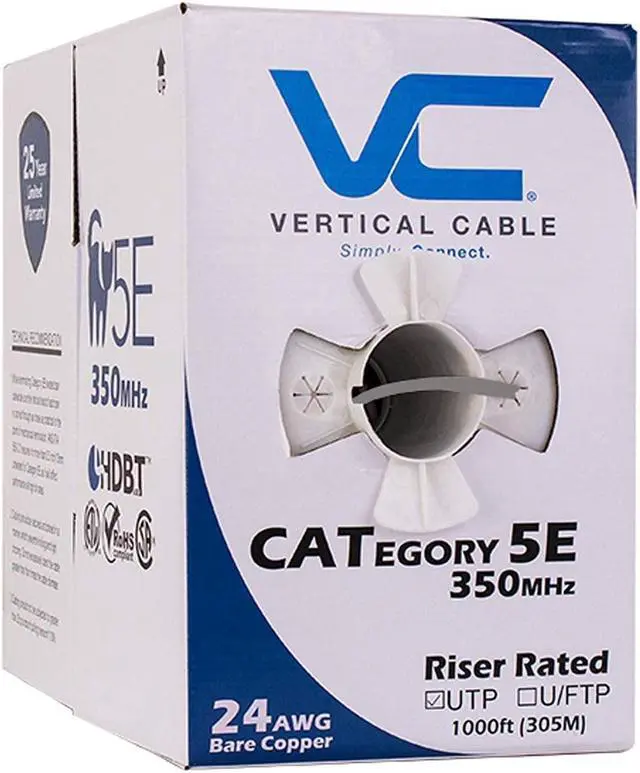 Alt view image 2 of 5 - Vertical Cable Cat5e, 350 MHz, UTP, 24AWG, 8C Solid Bare Copper, 1000ft, Bulk Ethernet Cable - 151 Series, Gray