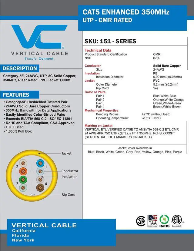 Alt view image 5 of 5 - Vertical Cable Cat5e, 350 MHz, UTP, 24AWG, 8C Solid Bare Copper, 1000ft, Bulk Ethernet Cable - 151 Series, Gray
