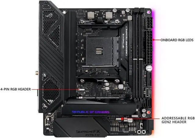 Alt view image 3 of 5 - Asus ROG (X570) Crosshair VIII Impact, AMD, AM4, Ryzen 3000, (Mini-DTX) SFF Gaming Motherboard with PCIe 4.0, On-board Wifi 6 (802.11Ax), Intel LAN, SATA 6GB/s, USB 3.2 Gen 2, SO-DIMM.2 and Aura Sync