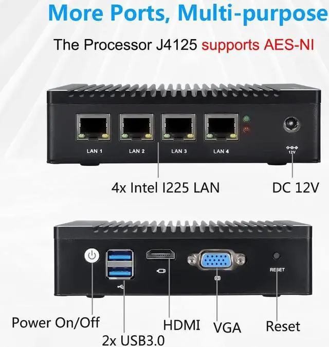 Alt view image 2 of 5 - Fanless Micro Firewall Appliance Intel J4125 Quad Core, 4 Intel 2.5GbE i225/i226 LAN Ports Fanless Mini Computer 8GB RAM DDR4 128GB mSATA SSD, Network Gateway Soft Router, Support AES NI (8G 128G)