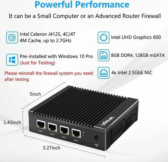 Alt view image 3 of 5 - Fanless Micro Firewall Appliance Intel J4125 Quad Core, 4 Intel 2.5GbE i225/i226 LAN Ports Fanless Mini Computer 8GB RAM DDR4 128GB mSATA SSD, Network Gateway Soft Router, Support AES NI (8G 128G)