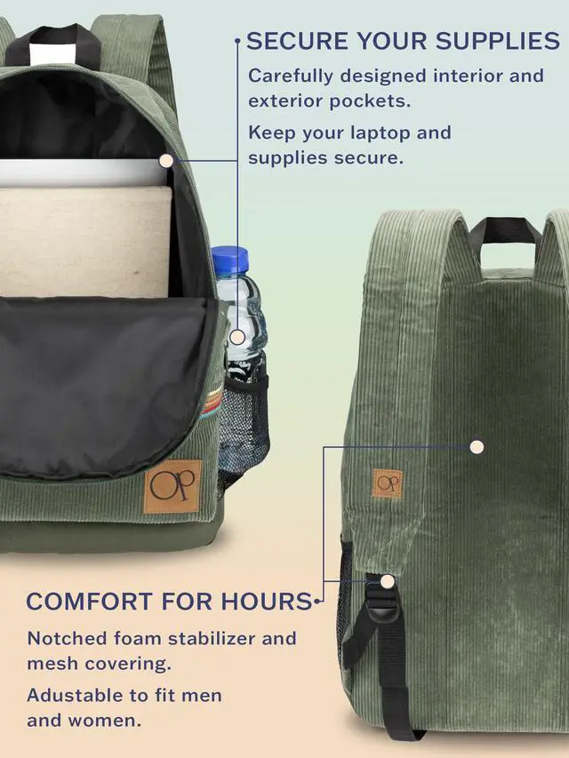 Alt view image 5 of 5 - Ocean Pacific OG Corduroy Backpack for Travel, Sports, Beach, Work, Casual Daypack for Men Women Fits 15.6 Inch Laptop (Olive)