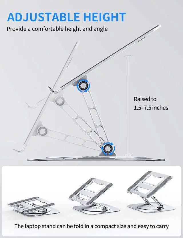Alt view image 3 of 5 - AOEVI Adjustable Computer Stand with 360 Rotating Base, Ergonimic Foldable Laptop Riser for Desk Compatible with MacBook Pro/Air Notebook up to 16 Inches, Silver