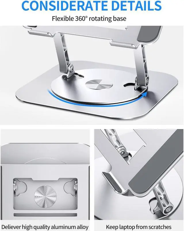 Alt view image 4 of 5 - AOEVI Adjustable Computer Stand with 360 Rotating Base, Ergonimic Foldable Laptop Riser for Desk Compatible with MacBook Pro/Air Notebook up to 16 Inches, Silver