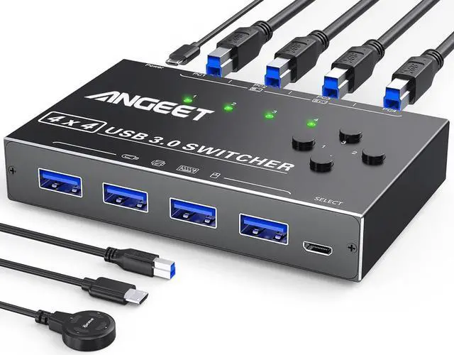 Main image of USB 3.0 Switch 4 Port, ANGEET USB Switch Selector for 4 Computer Share 4 USB Devices,Keyboard Mouse Switch,USB Switcher with Wired Remote and 4 Standard USB-B Cables