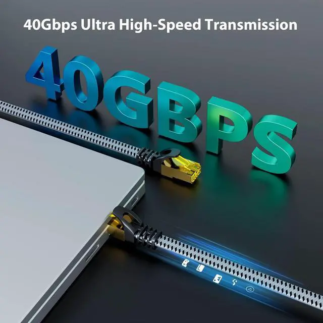 Alt view image 2 of 5 - ARISKEEN Cat 8 Ethernet Cable 100 FT, 40Gbps 2000Mhz High Speed Cat8 Network LAN Patch Cord, Nylon Braided Heavy Duty Shielded RJ45 Flat Internet Cable with Clips for Indoor Outdoor - 100 Feet (Grey)
