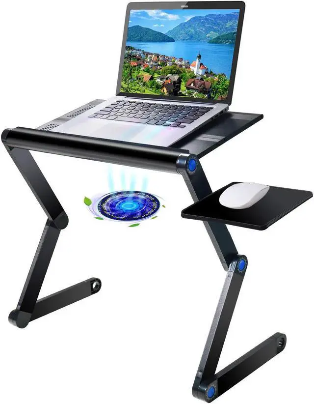 Upgraded Aluminum Laptop Stand Adjustable with Cooling Fan and Mouse Pad Reinforced Ergonomic Lap Desk Foldable Portable Computer Table for Bed Sofa Couch Office Extra Wide Tray 19