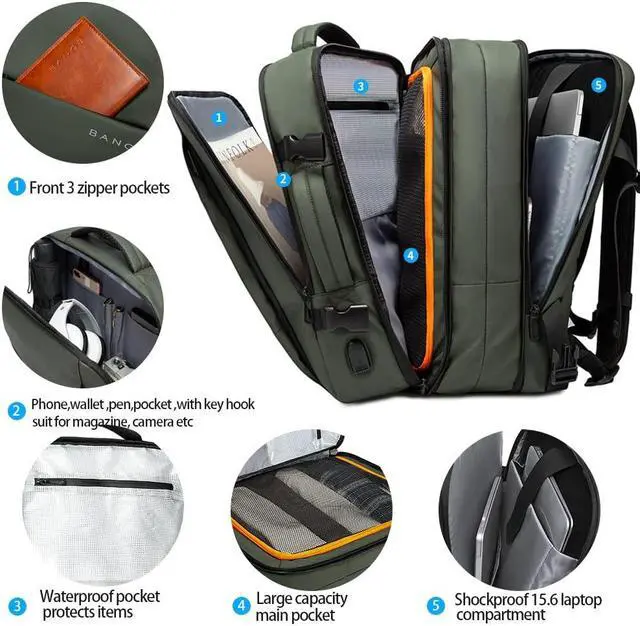 Alt view image 2 of 5 - BANGE Carry-on Backpack, 45L Expandable Travel Backpacks,Weekend Backpack Briefcase,Waterproof Laptop Backpack Fits For 17.3 Laptop
