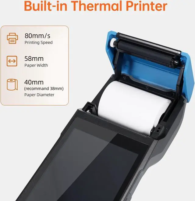 Alt view image 2 of 5 - Bisofice 4G Handheld PDA POS Android 13.0 Receipt Printer 2GB+16GB, Camera 5M, 1D 2D Barcode Scanner, Wifi/Gps/BT/4G Full Network Connection, 5" Touchscreen 58mm Width Thermal Label Printing
