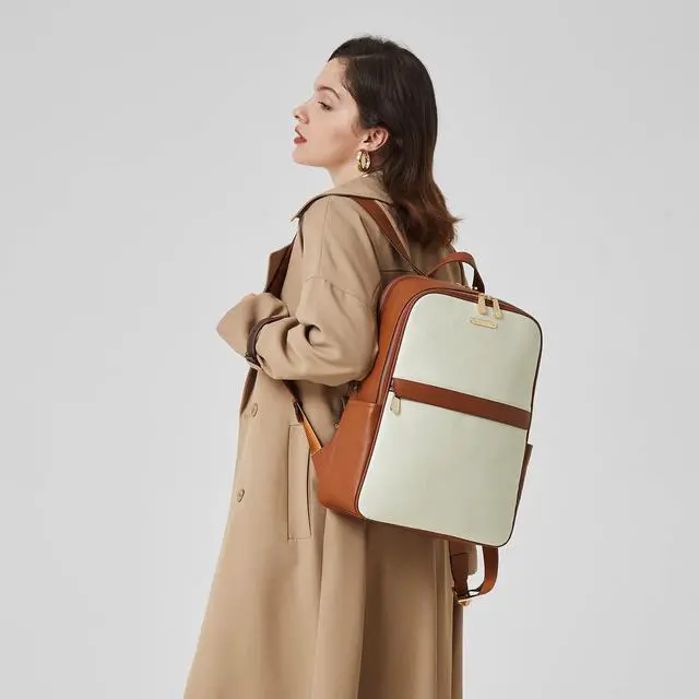 Alt view image 2 of 5 - BOSTANTEN Genuine Leather 15.6 inch Laptop Backpack Purse for Women College Casual Backpack Travel Bag Daypack Beige-brown