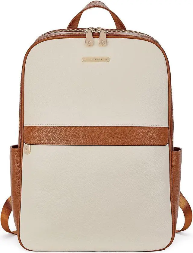 Main image of BOSTANTEN Genuine Leather 15.6 inch Laptop Backpack Purse for Women College Casual Backpack Travel Bag Daypack Beige-brown